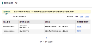 「栃木県」で法人登記されているのは「株式会社TTS」さん2社のみです｜「株式会社TTSLOGISTIC」との法人登記は2022年6月18日時点で掲載無し