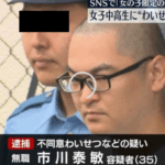 女子中学生にSNSでわいせつな画像を送らせたなどとして35歳の市川泰敏容疑者が逮捕された・女子中学生と神奈川県の女子高校生にSNSでわいせつな画像を送らせ自身のUSBメモリーに保存するなど