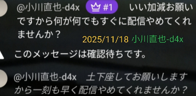2025年11月18日投稿、youtube袋小路金造残日録、乱入者暴言記録、備忘録、@小川直也-d4x、いい加減お願いですから何が何でもすぐに配信やめてくれませんか？